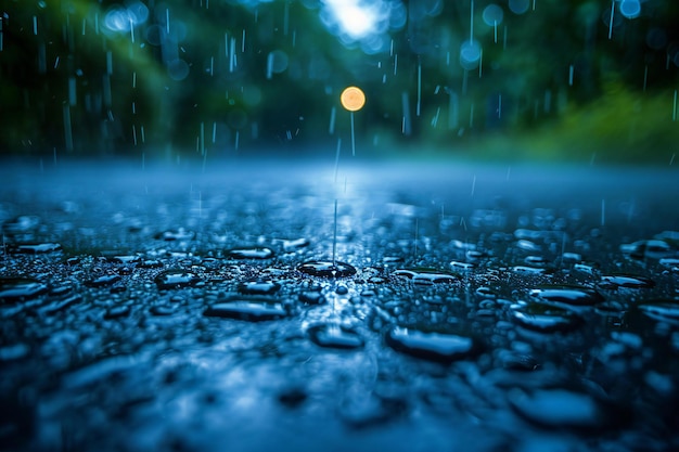 Close up of rain falling on ground blurred background high resolution photography