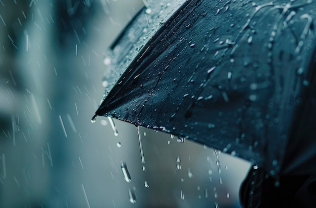 close up of rain pouring down on an umbrella blurry background