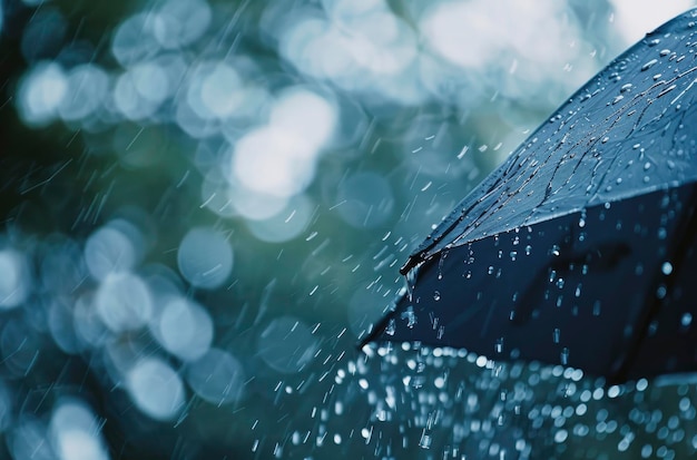 close up of rain pouring down on an umbrella blurry background