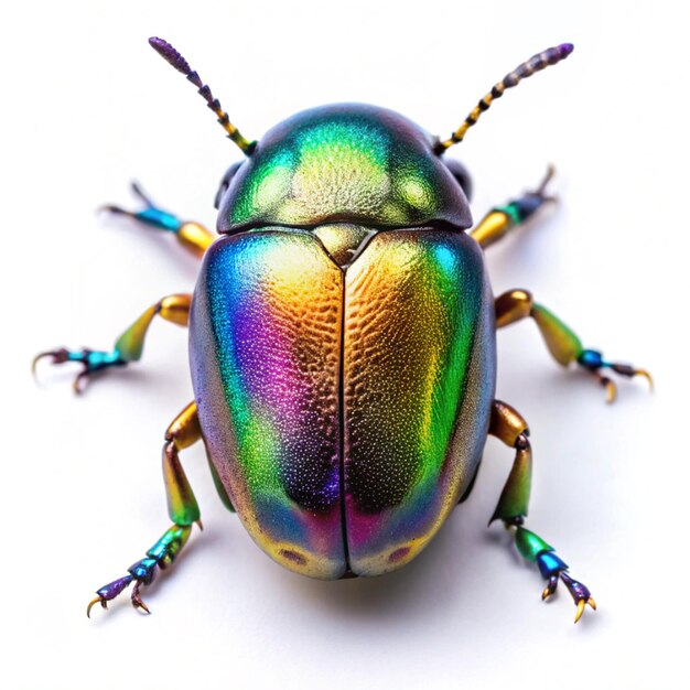 Photo close up of a rainbow beetle with metallic sheent on a white background