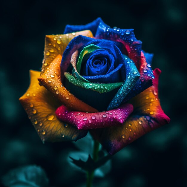 a close up of a rainbow rose with water droplets on it generative ai