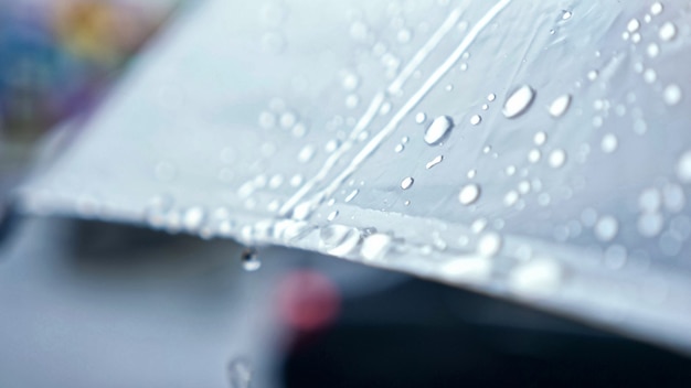 Close-up of raindrops flowing down from a transparent umbrella.