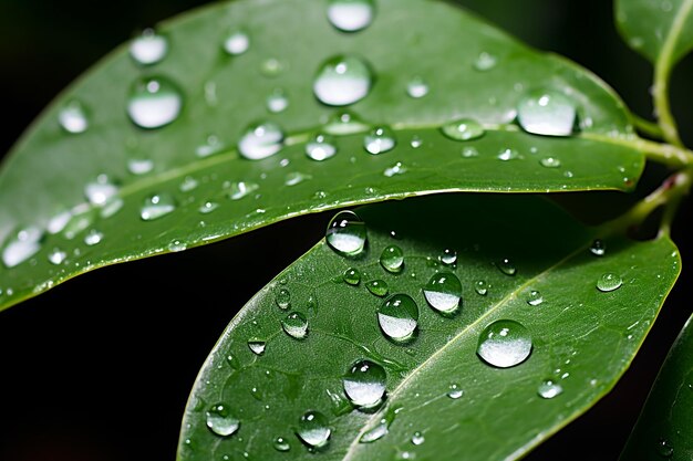 A close up of raindrops on fresh green leaves