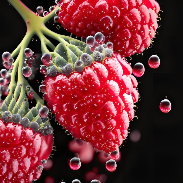 Close up raspberries with water droplets black background 2