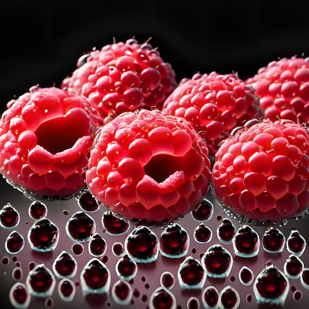 Close up raspberries with water droplets black background 3