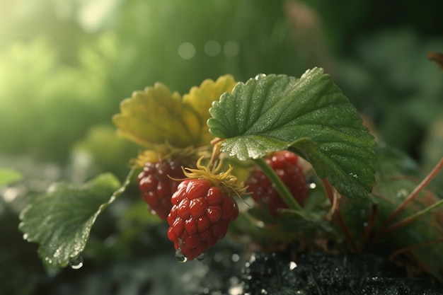 A close up of a raspberry plant with green leaves and a green leaf