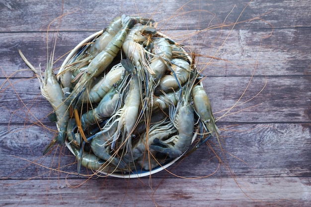 Close up of raw king prawn on table