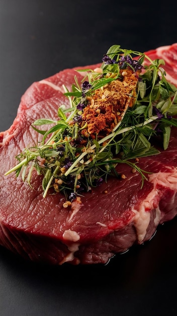 Photo close up of raw meat steak with herbs and spices on black background generative