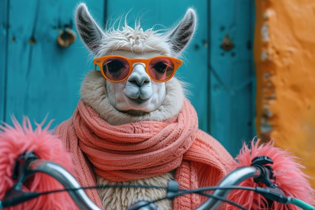 Photo close up realistic creative portrait of alpaca with sunglasses on bike