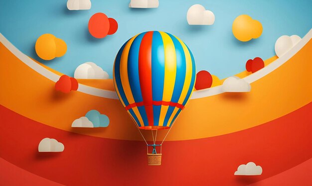 close up realistic photo a fun colorful illustration of a hot air balloon flying over a striped back