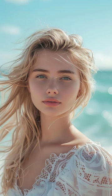 Close up realistic photo of lovely woman with blonde hair standing on ocean shore