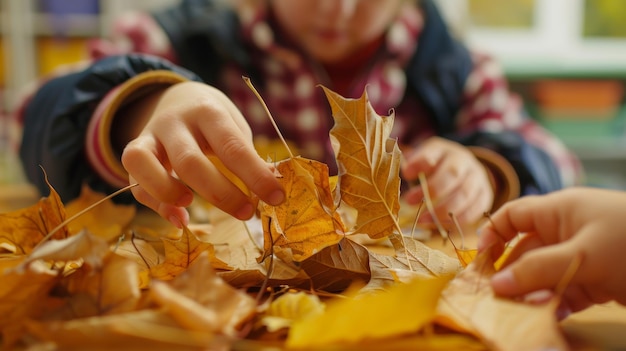 Photo close up realistic photo students crafting with autumn leaves in classroom activity