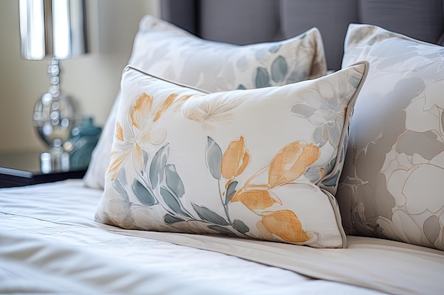 Close up of recently adorned bed with decorative pillows and headboard in bedroom of a staged home