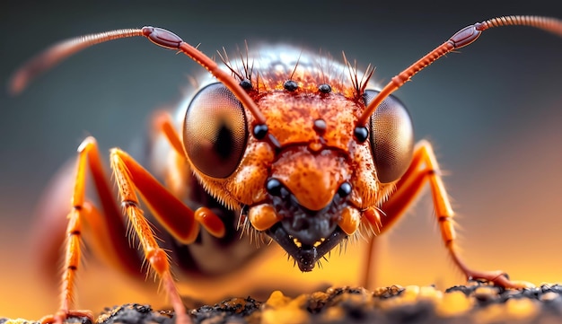 A close up of a red ant with a black background