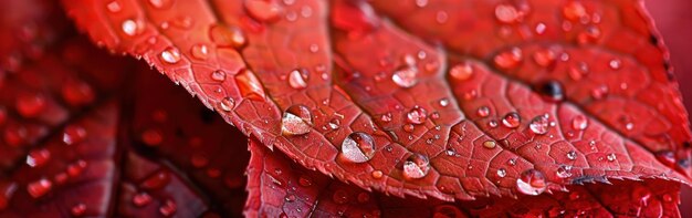 Photo close up of red autumn leaf covered in dew drops