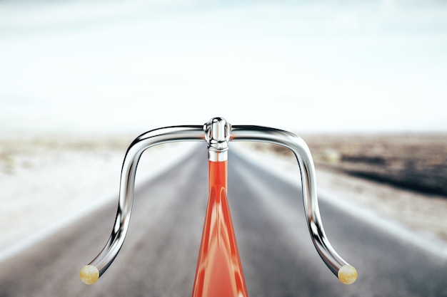 Photo close up of red bike handlebar on road backgrpound travel concept 3d rendering