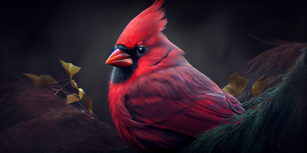 A close up of a red bird with a black background generative AI