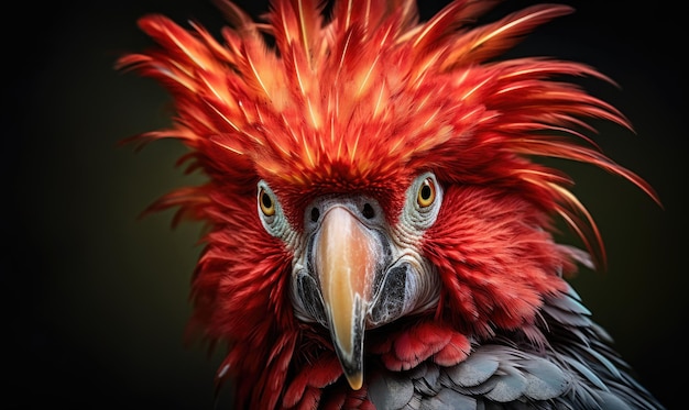 A close up of a red and black bird