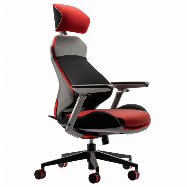 a close up of a red and black office chair with wheels generative ai