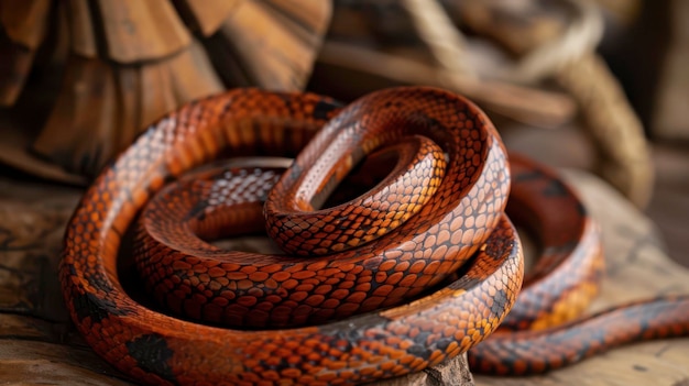 Close Up of a Red and Black Snake Coiled on a Rough Wooden Surface