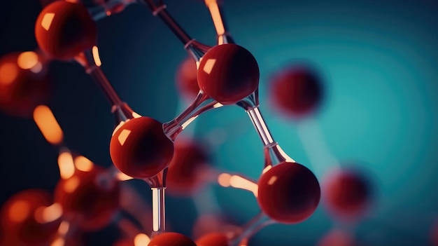 A close up of a red and blue background with a molecular structure in the middle.