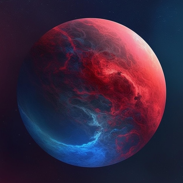 A close up of a red and blue planet with a star in the background generative ai