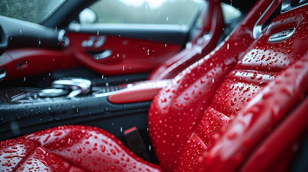 Photo a close up of a red car with a red seat and red leather generative ai