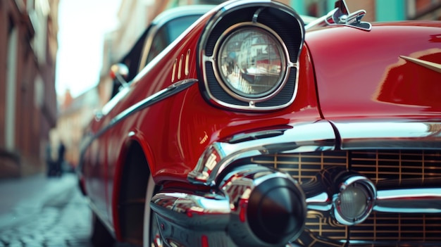 Close up of a red classic car with chrome details