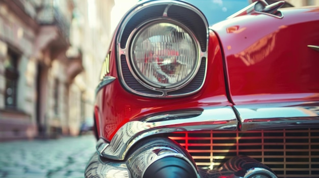 Close up of a red classic car with chrome details