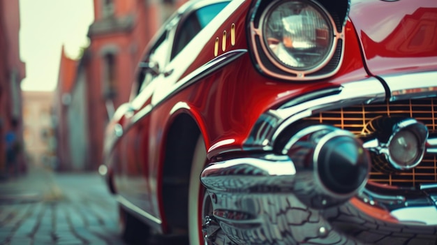 Photo close up of a red classic car with chrome details