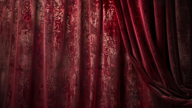 a close up of a red curtain with a pattern of flowers on it