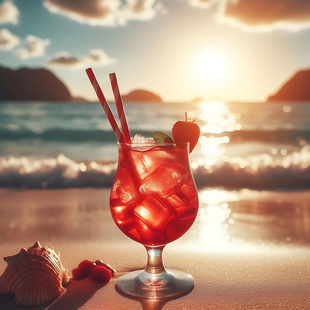 Close up of a Red drink in a glass on the sand Beautiful seascape backgroundw