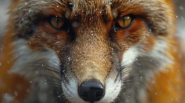 Photo close up of a red fox39s face with its amber eyes and nose in focus with water droplets on its fur