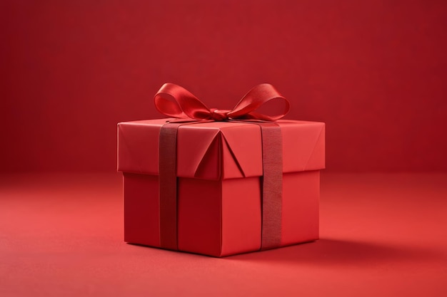 a close up of a red gift box with a red bow