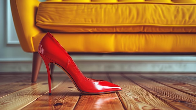 Photo close up of red high heel shoes on wooden floor next to yellow sofa in empty room