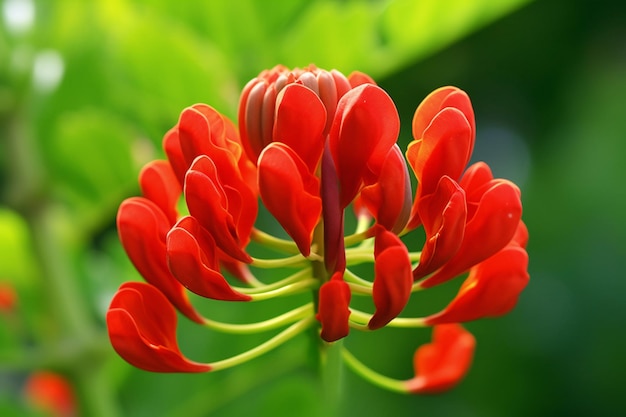 Close up of red Ixora flower with green leaf background