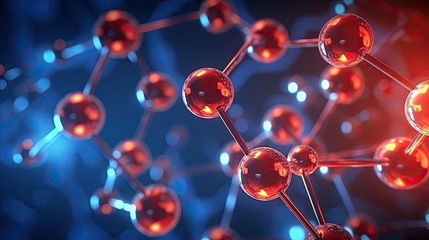 A close up of a red molecule with red spheres in the background