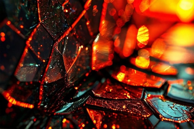 a close up of a red and orange light and some glass