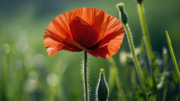 Close up of a red poppy flower against a green backdrop