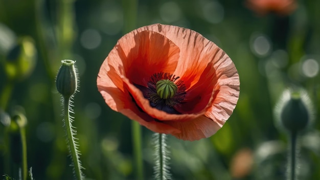 Close up of a red poppy flower against a green backdrop