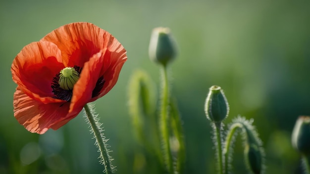 Close up of a red poppy flower against a green backdrop