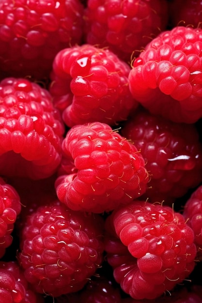 A close up of red raspberries with a drop of water on them.