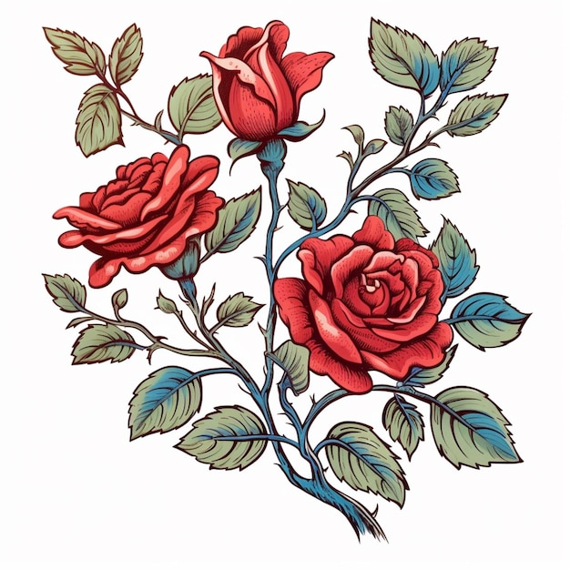 A close up of a red rose with green leaves on a white background generative ai