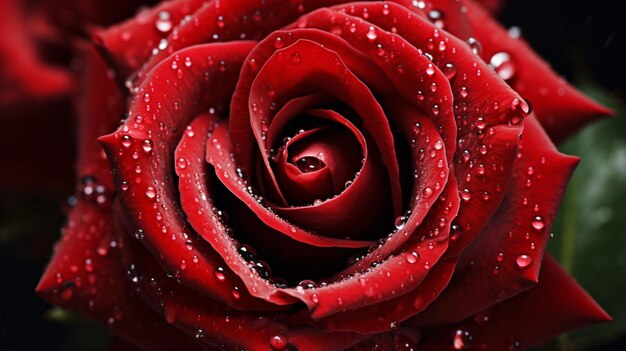 a close up of a red rose with water drops