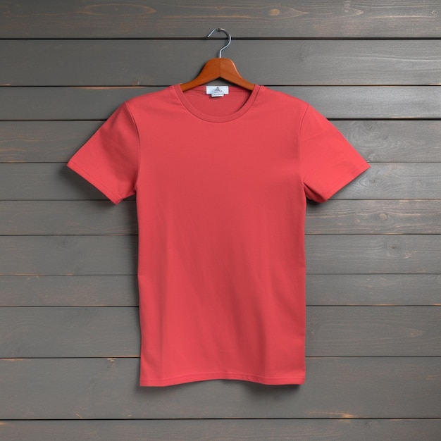 a close up of a red shirt hanging on a wooden wall generative ai