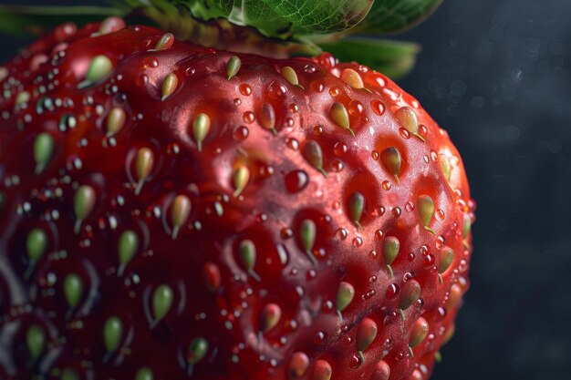 A close up of a red strawberry with droplets of water on it