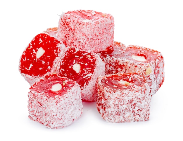 Close up of red Turkish Delight sweets isolated on white