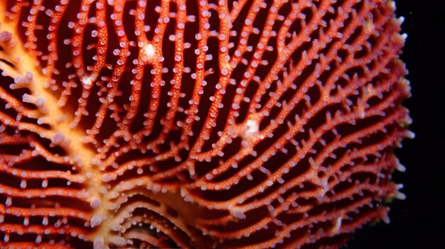 Close up of red and white corals on a black background AI generative