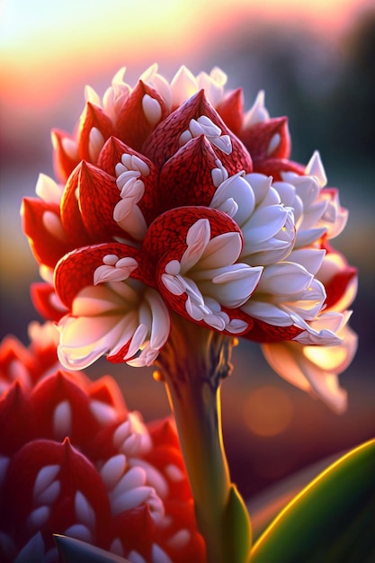 A close up of a red and white flower with the word love on it