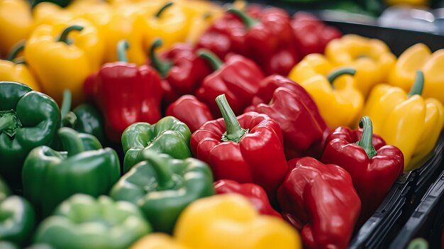 Photo a close up of red yellow and green bell peppers in a grocery store produce display